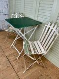 Vintage French Garden Table, Painted and 2 Slatted Chairs - side