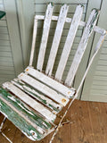 Vintage French Garden Table, Painted and 2 Slatted Chairs - chippy paint of chair