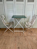 Vintage French Garden Table, Painted and 2 Slatted Chairs - head on view 